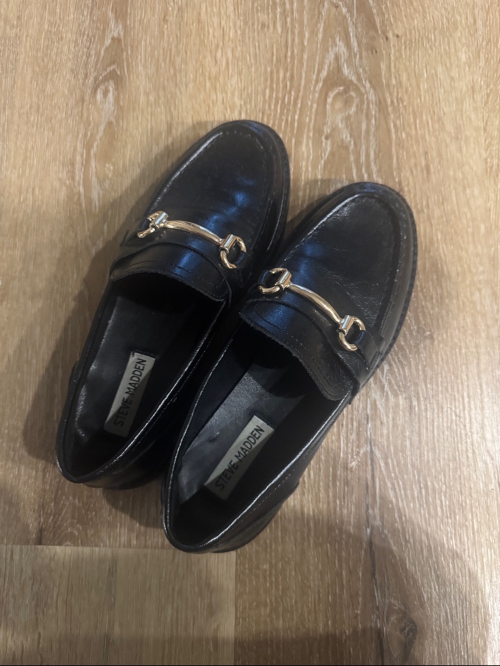 Steve Madden Black Leather Loafers with Gold Bit